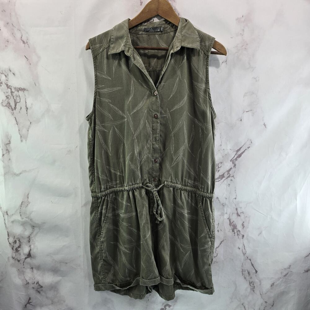 Prana Romper Womens Medium Green Chambray Weekend Escape Tencel Leaves
